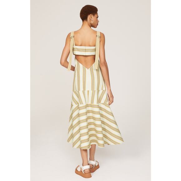 Alexis Sz M Mercier White Gold Striped Square Neck A-Line Cut Out Midi Dress - Picture 2 of 11